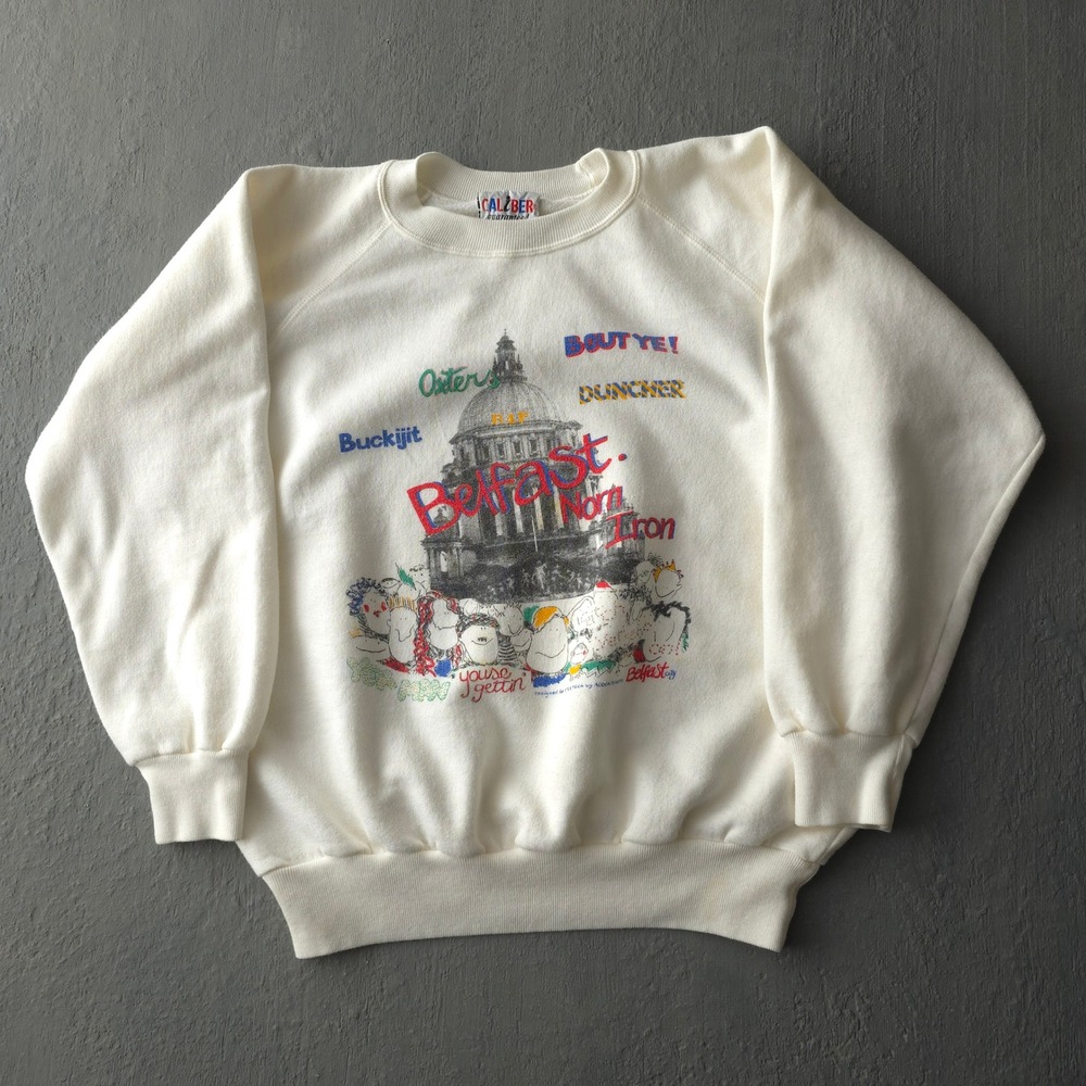 Vintage 80s Caliber Cream Belfast Norn Iron Sweatshirt L Raglan Sleeve